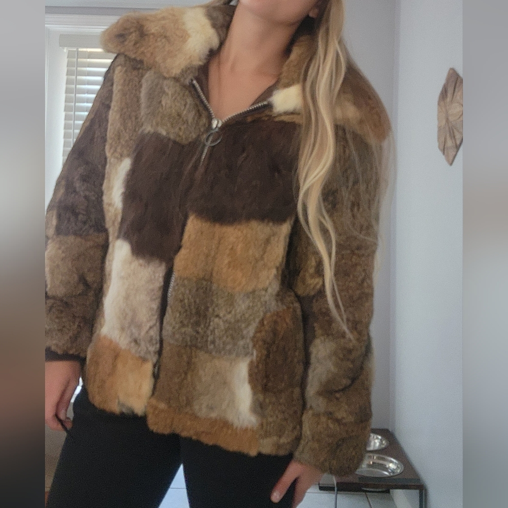 Patchwork 70s Rabbit Fur Zip Up Jacket - Picture 2 of 3
